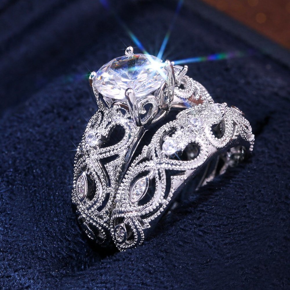 🍁 Luxury Vintage Silver Flower Engagement/Wedding Ring Set for Couple, VIP275